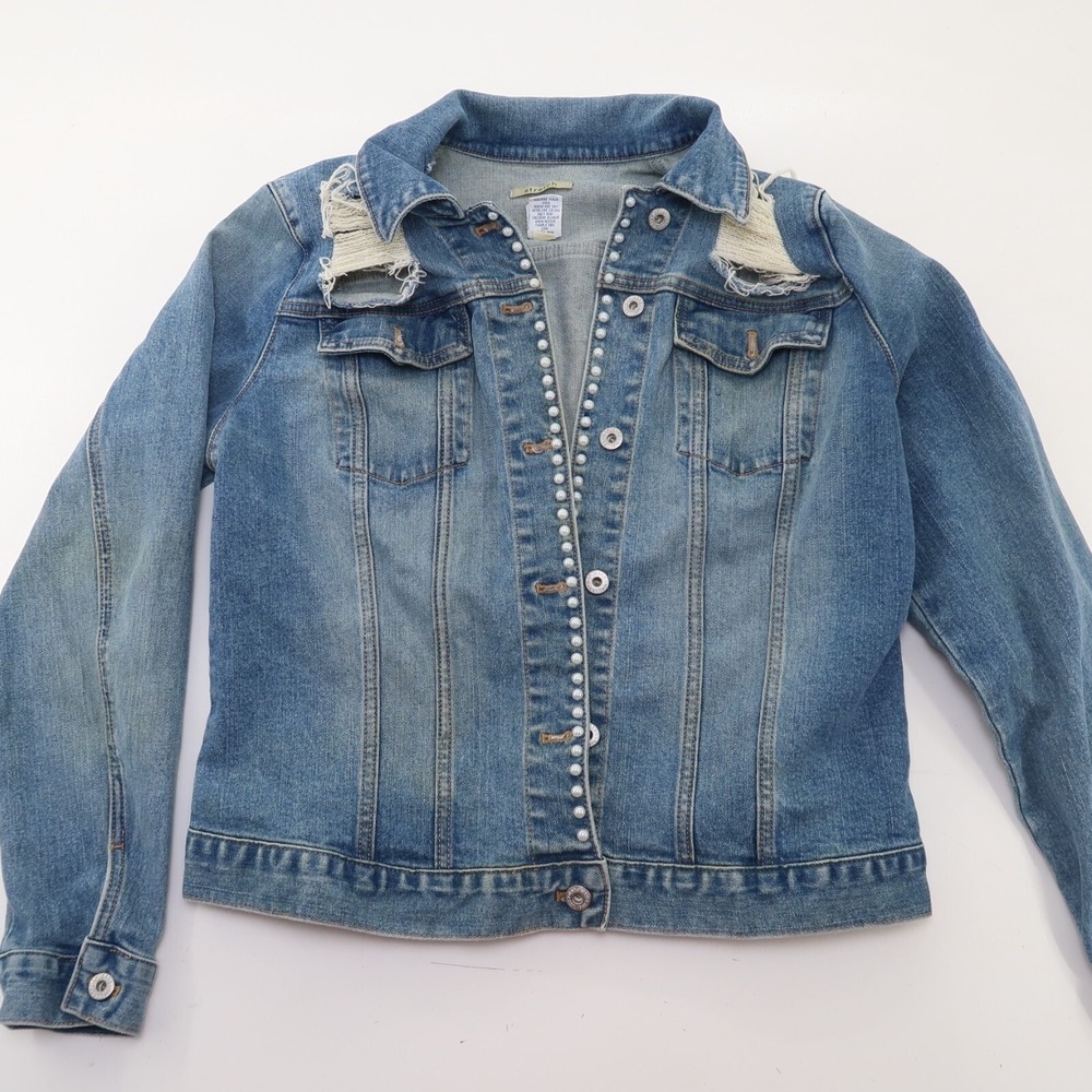 Womens GAP denim jacket Jean Size L Custom Pearls accent Distressed Stretch